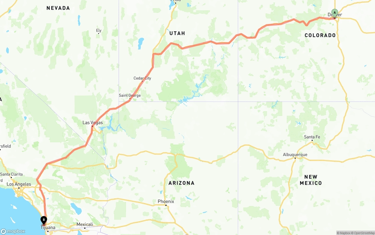 Shipping route from Denver to San Diego International Airport