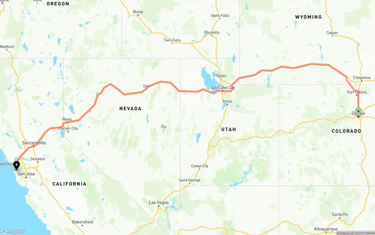 Shipping route from Denver to San Francisco International Airport