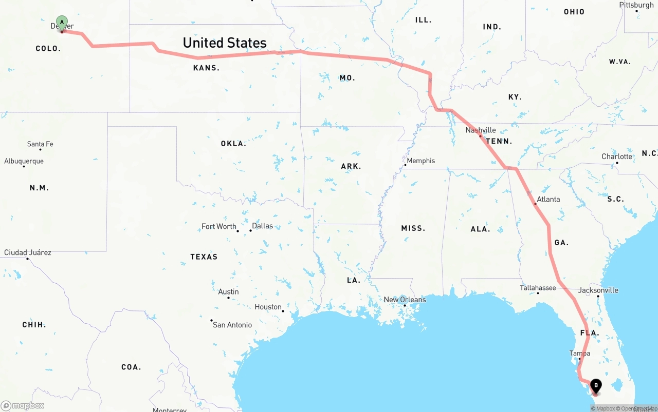 Shipping route from Denver to Southwest Florida International Airport