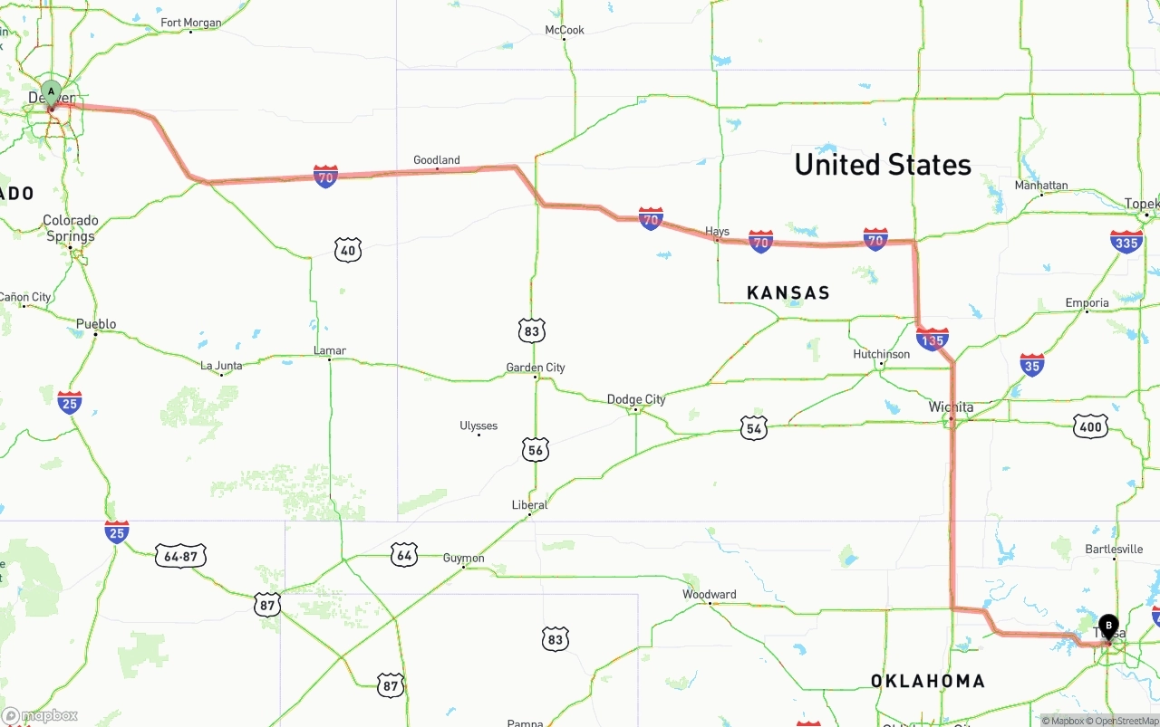 Shipping route from Denver to Tulsa
