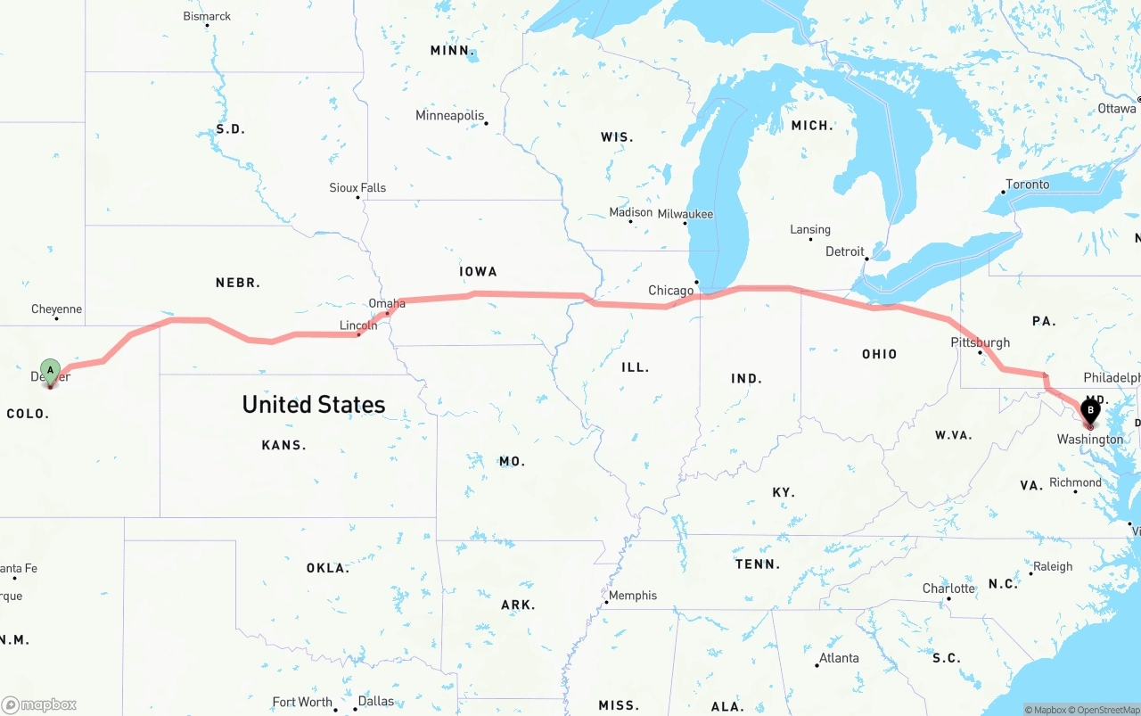 Shipping route from Denver to Washington D.C.
