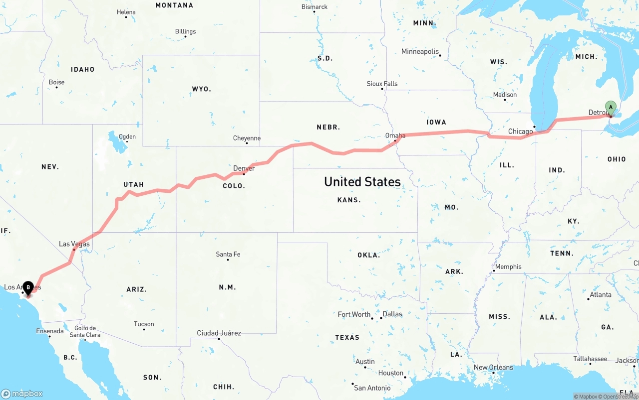 Shipping route from Detroit to Anaheim