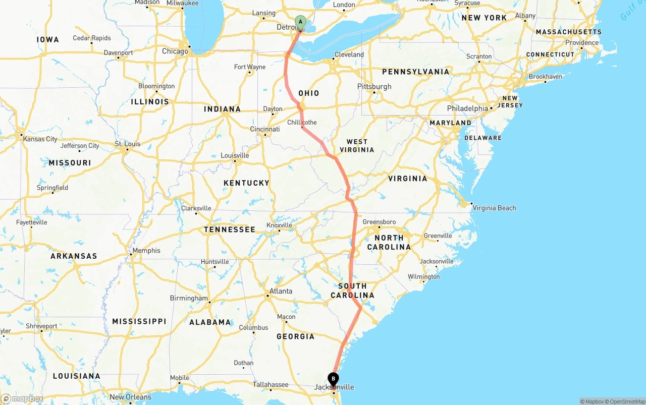 Shipping route from Detroit to Jacksonville International Airport