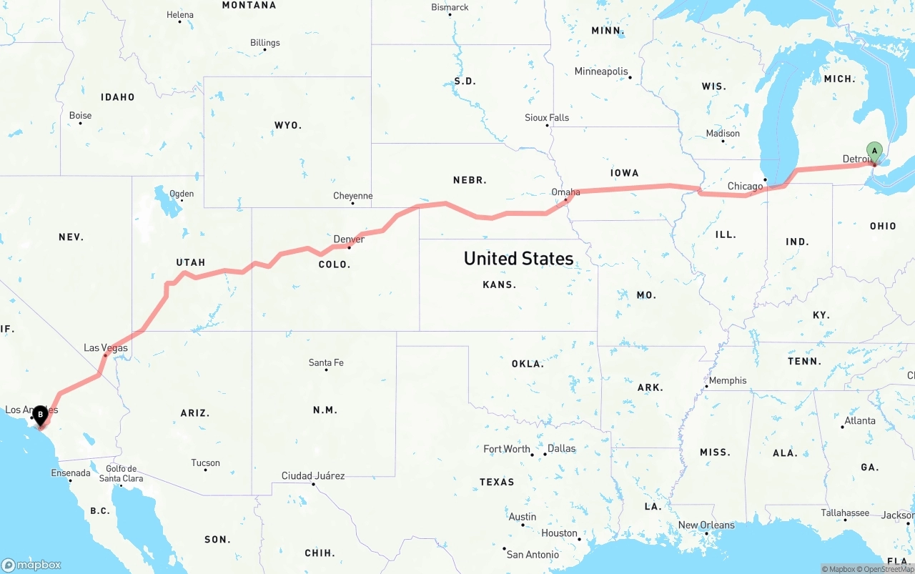 Shipping route from Detroit to John Wayne Airport — Orange County