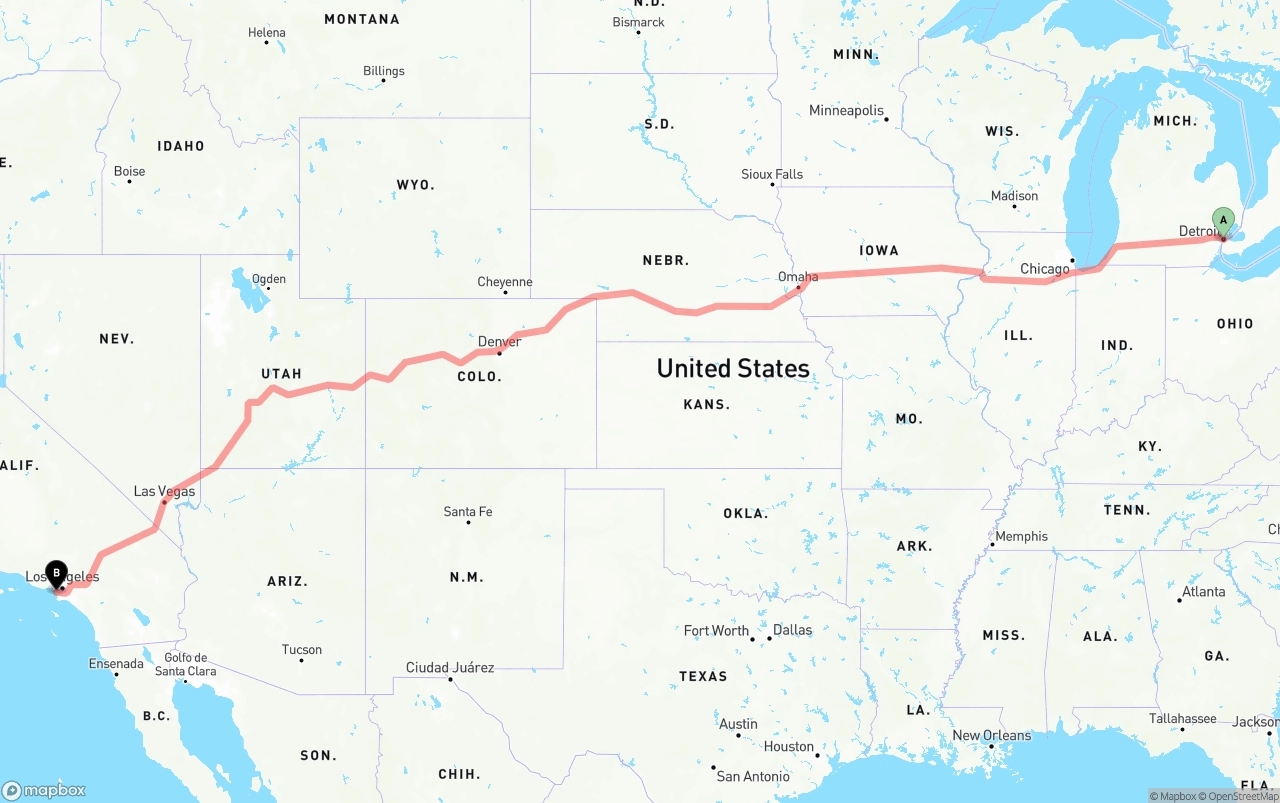 Shipping route from Detroit to Los Angeles International Airport
