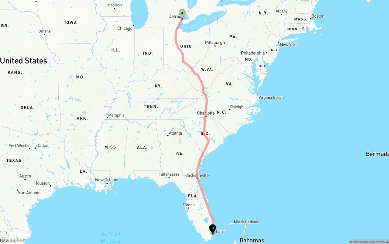 Shipping route from Detroit to Miami