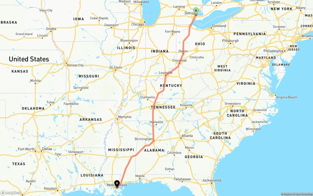 Shipping route from Detroit to New Orleans