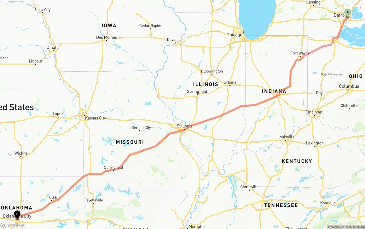 Shipping route from Detroit to Oklahoma City
