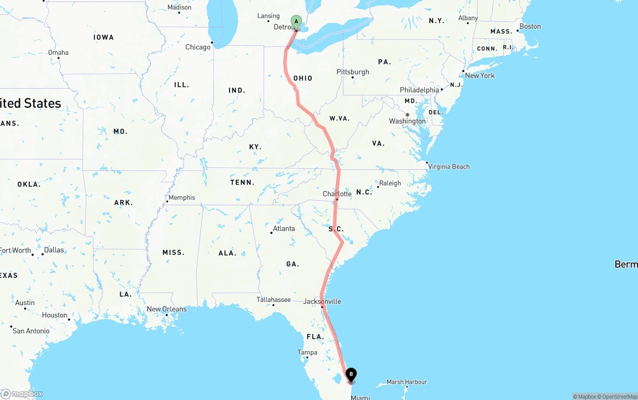 Shipping route from Detroit to Palm Beach International Airport