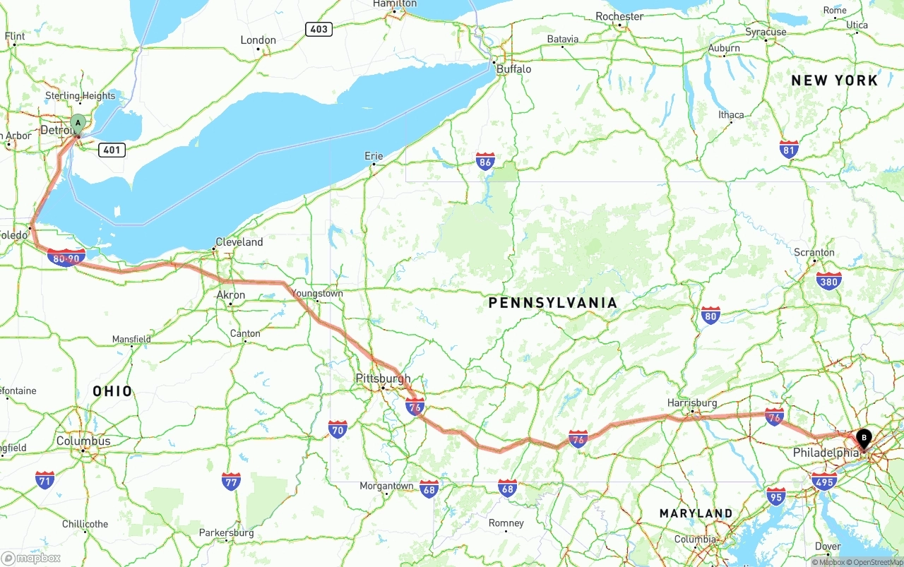Shipping route from Detroit to Philadelphia
