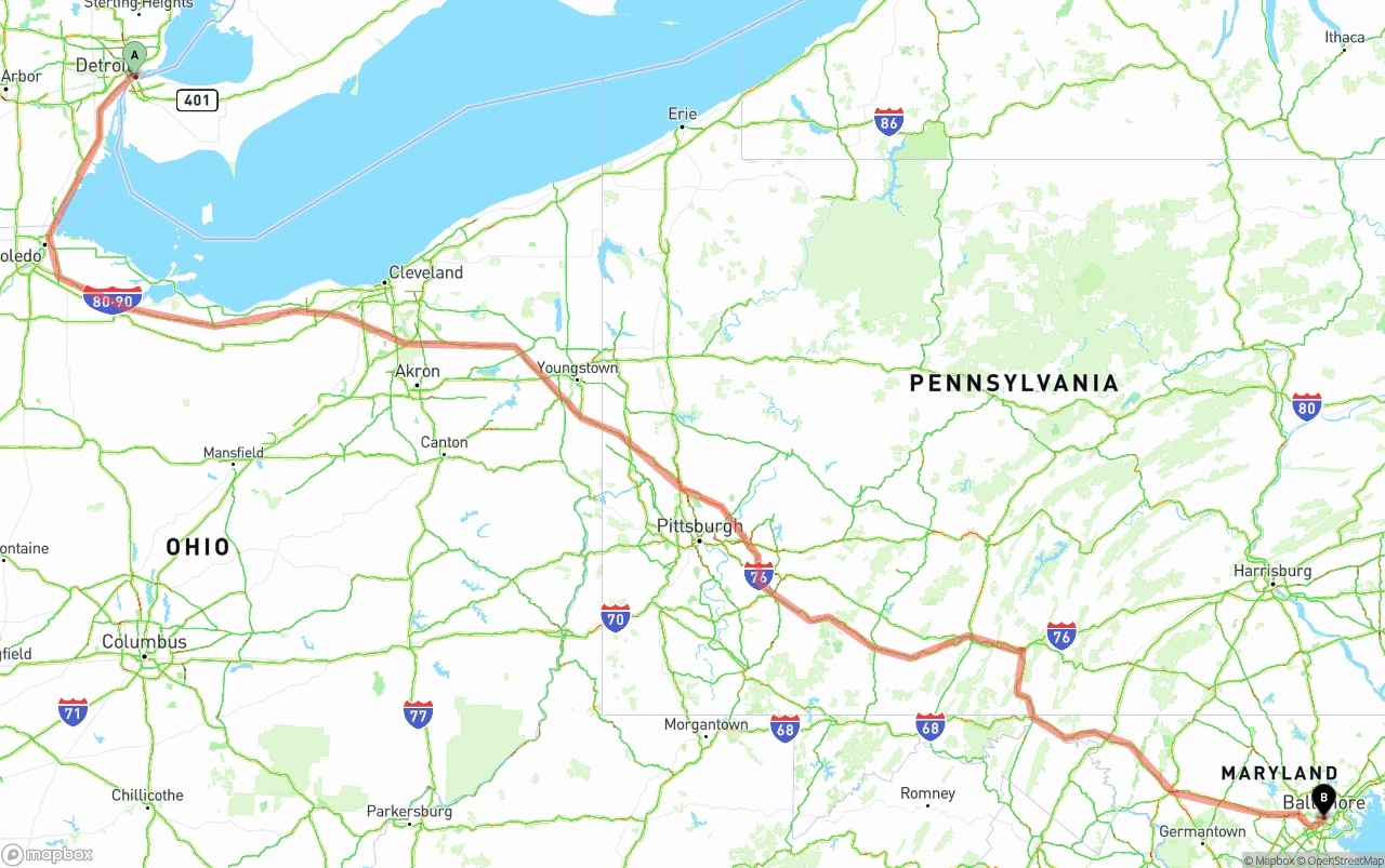 Shipping route from Detroit to Port of Baltimore