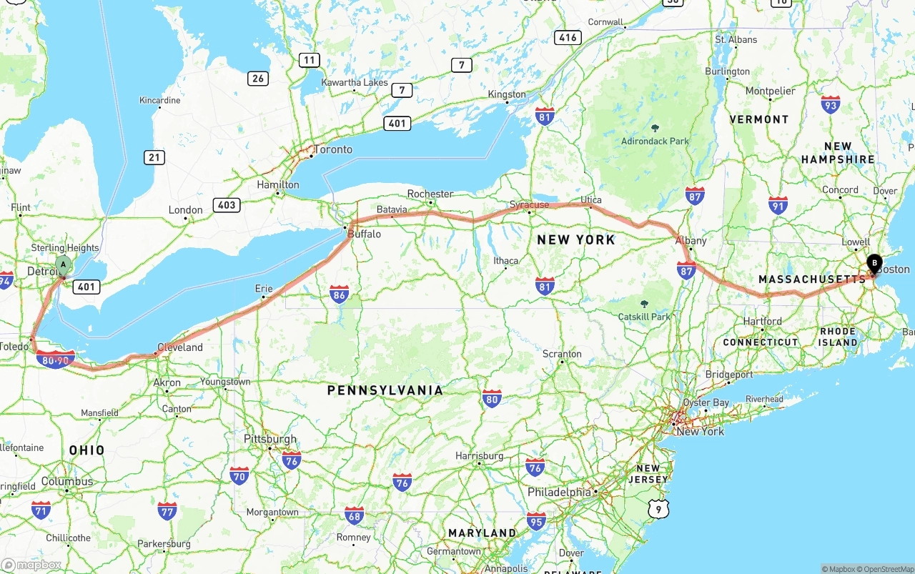Shipping route from Detroit to Port of Boston