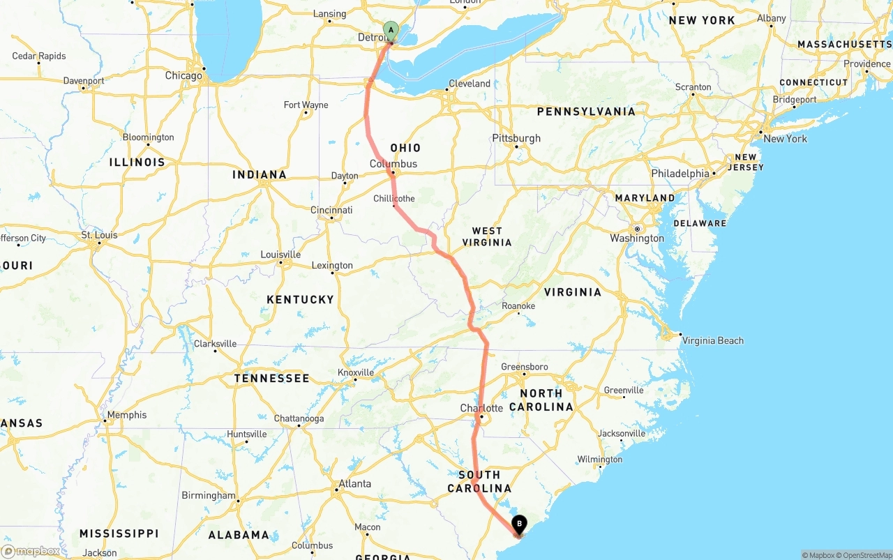 Shipping route from Detroit to Port of Charleston