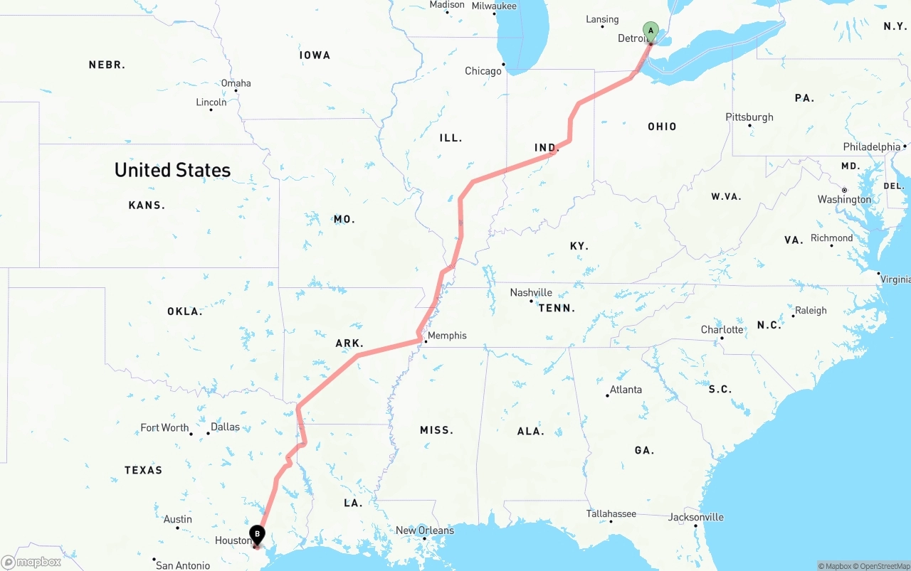 Shipping route from Detroit to Port of Houston