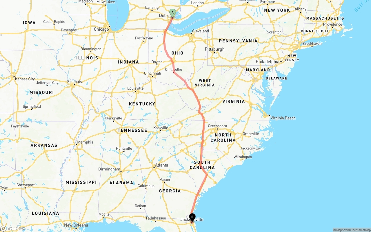 Shipping route from Detroit to Port of Jacksonville