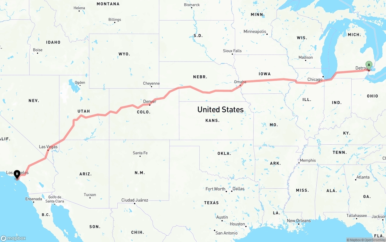 Shipping route from Detroit to Port of Los Angeles