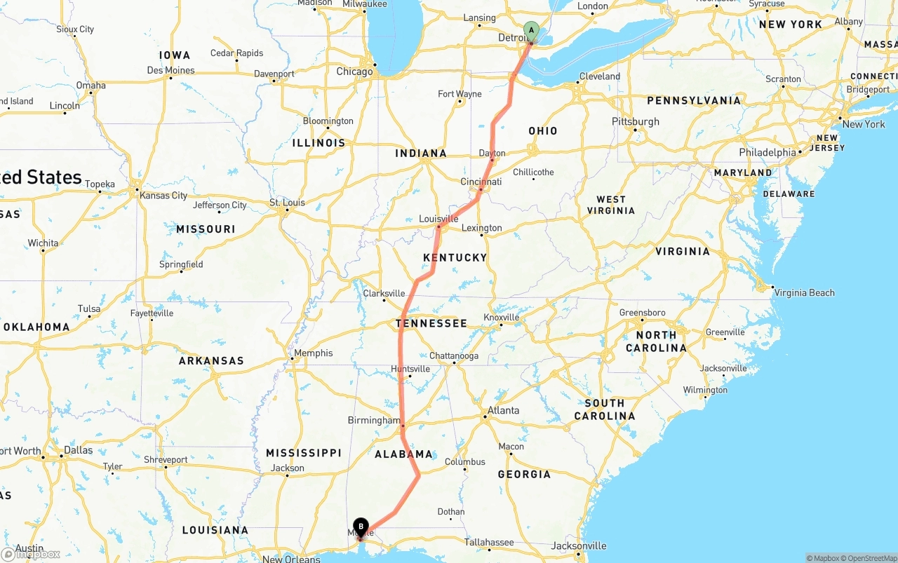 Shipping route from Detroit to Port of Mobile