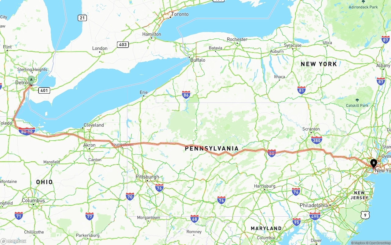 Shipping route from Detroit to Port of New York