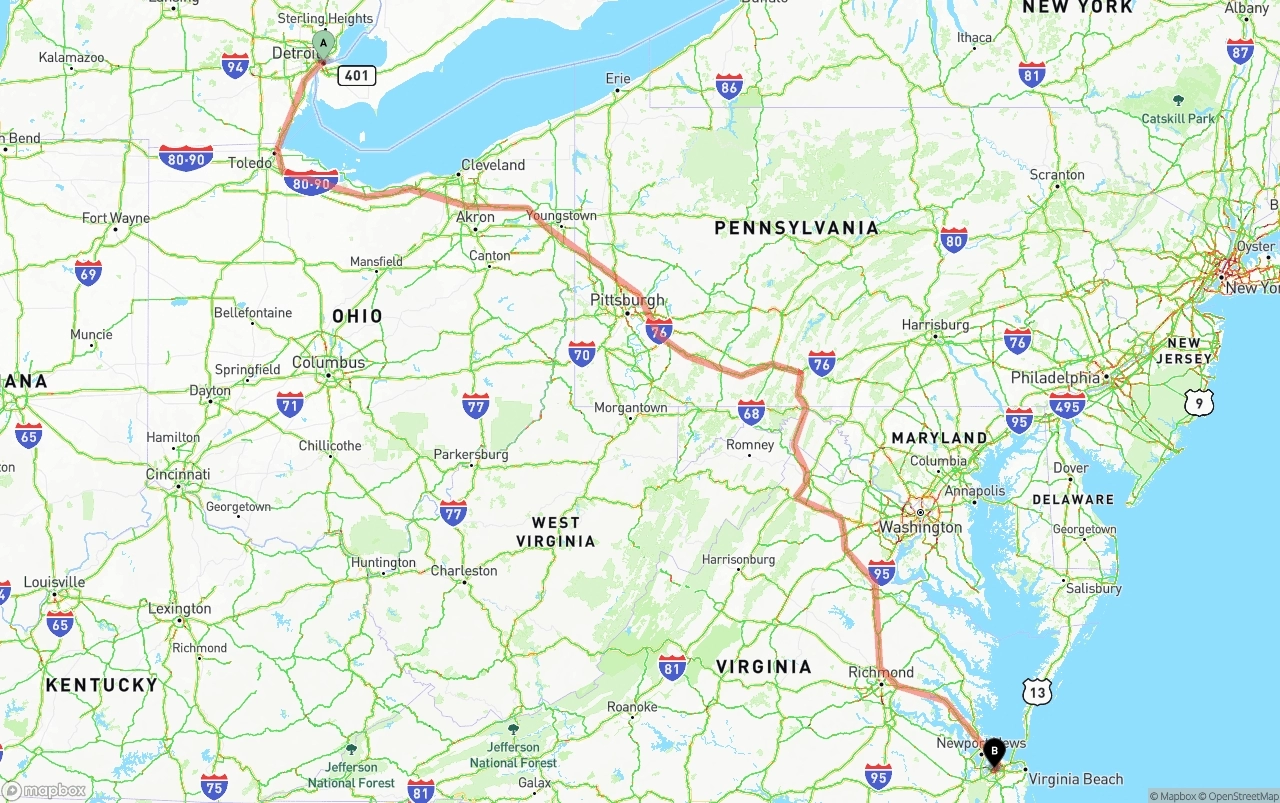 Shipping route from Detroit to Port of Norfolk