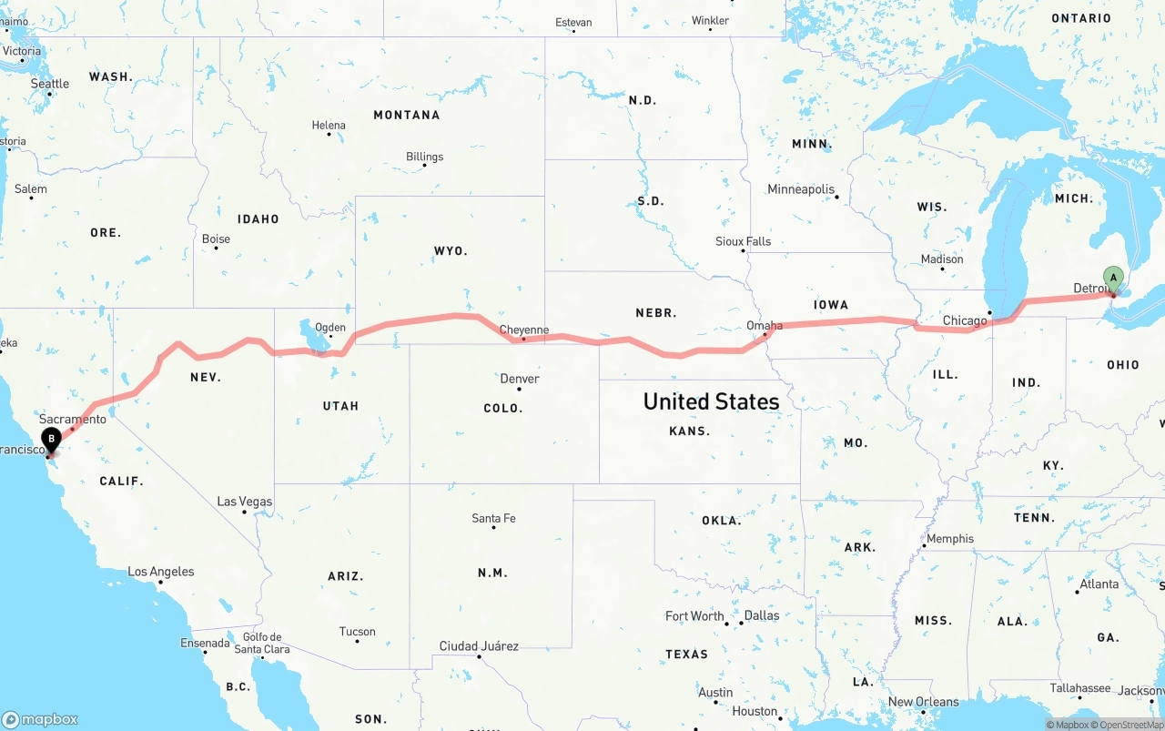 Shipping route from Detroit to Port of Oakland