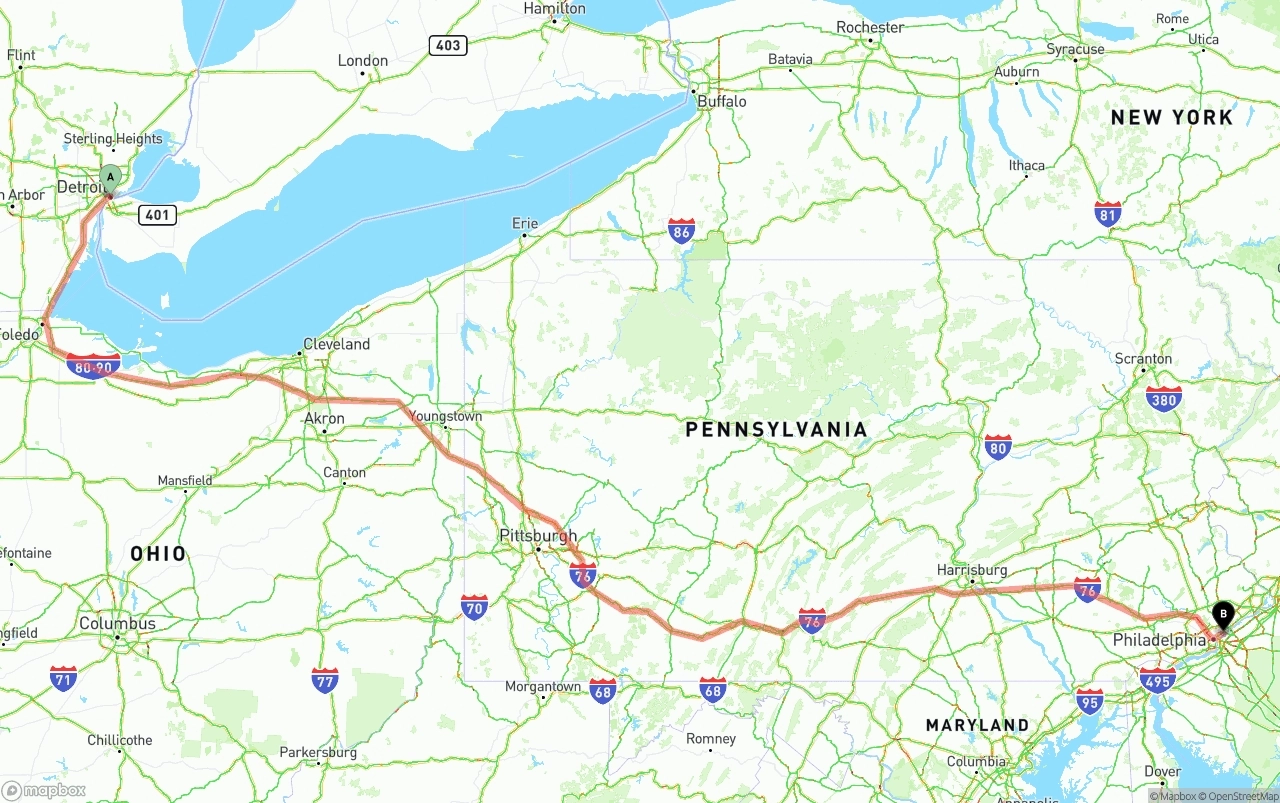 Shipping route from Detroit to Port of Philadelphia