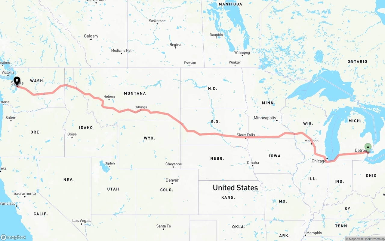 Shipping route from Detroit to Port of Seattle