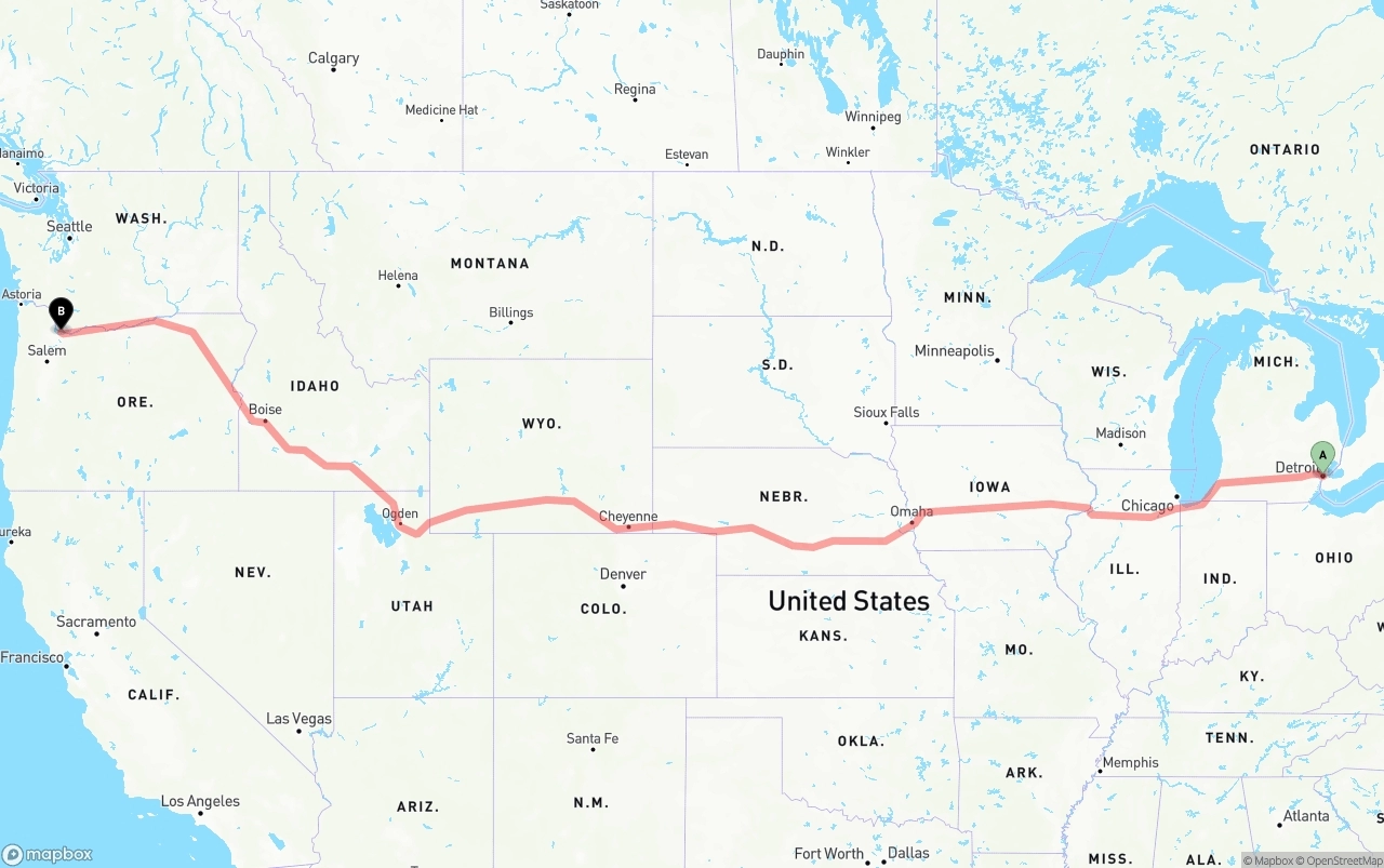 Shipping route from Detroit to Portland International Airport