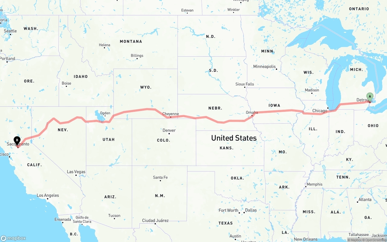 Shipping route from Detroit to Sacramento International Airport