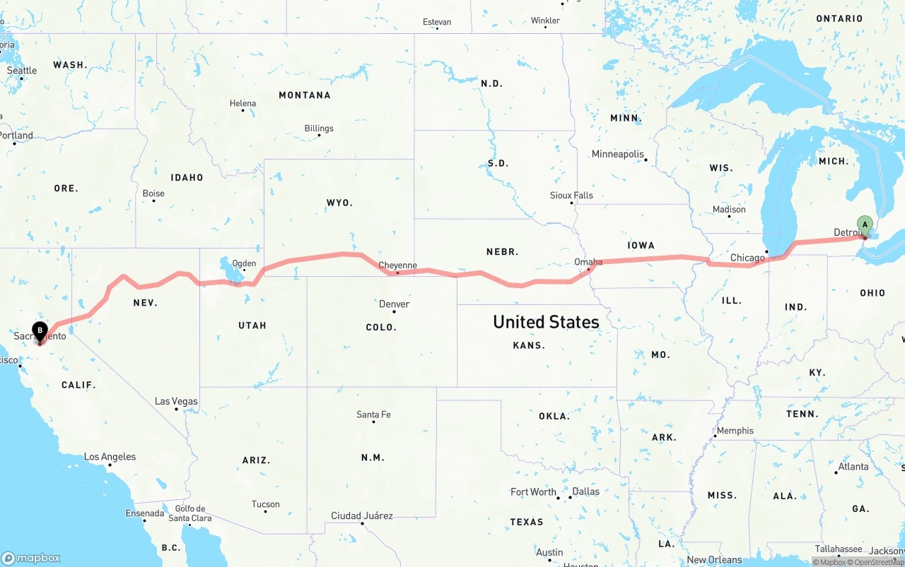 Shipping route from Detroit to Sacramento
