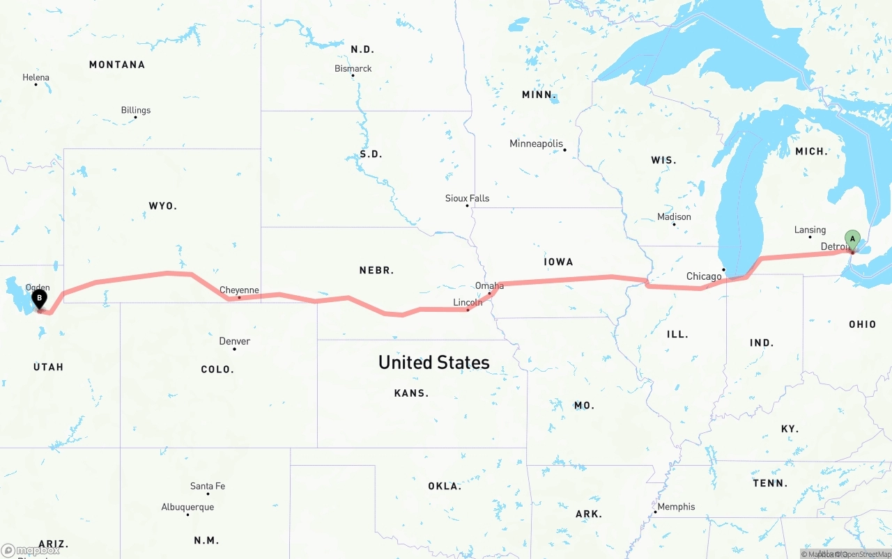 Shipping route from Detroit to Salt Lake City