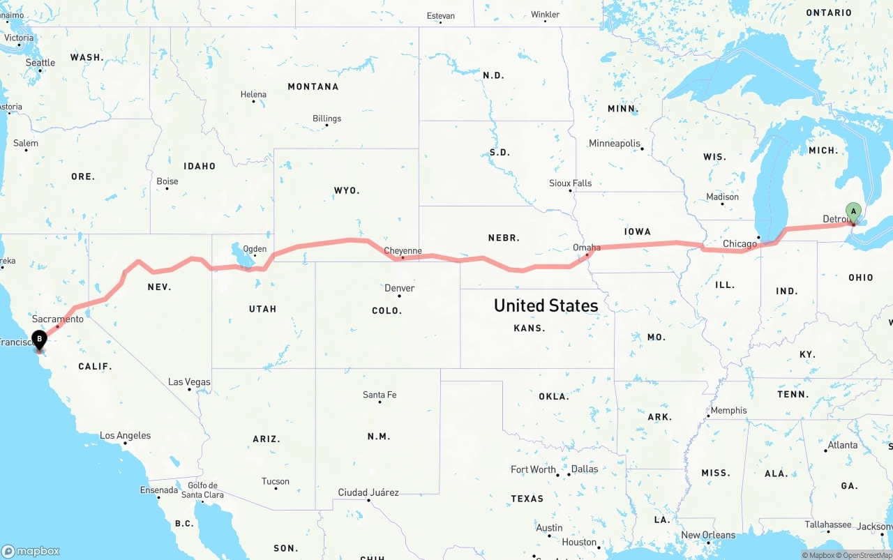 Shipping route from Detroit to San Francisco International Airport