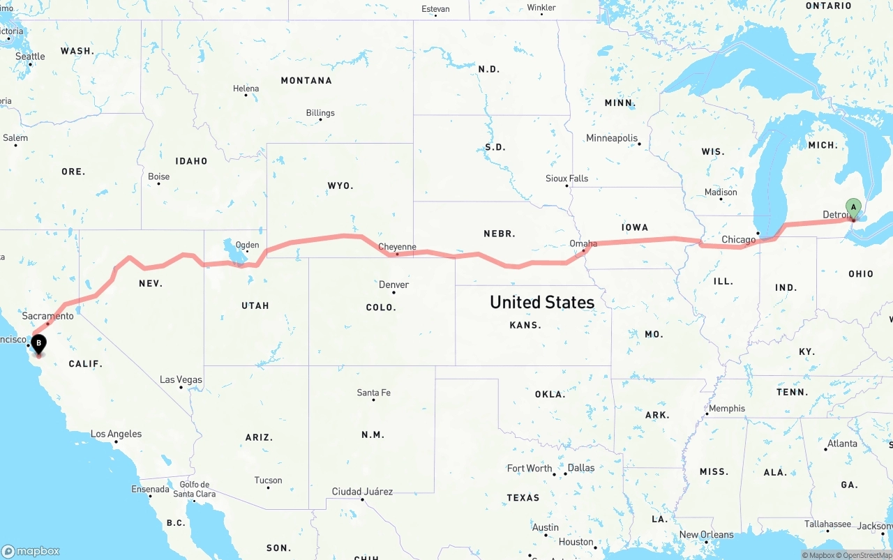 Shipping route from Detroit to San Jose
