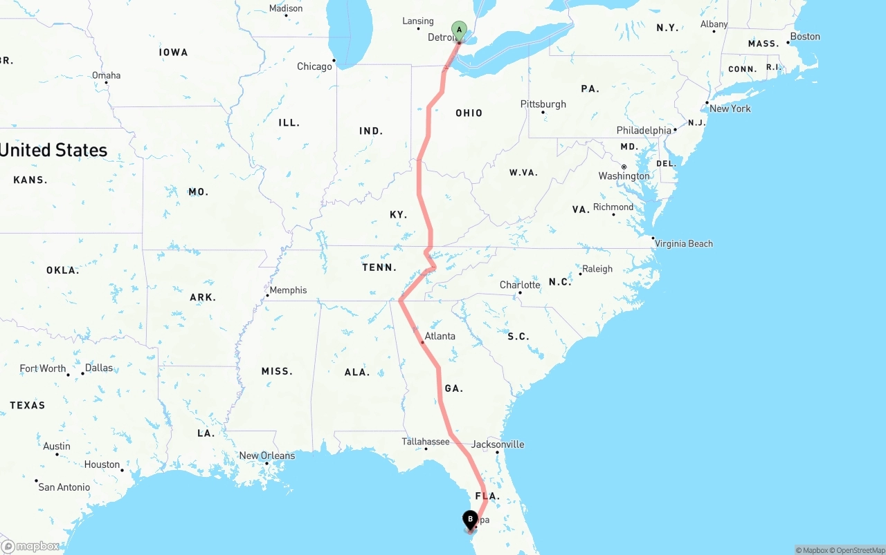 Shipping route from Detroit to St. Petersburg
