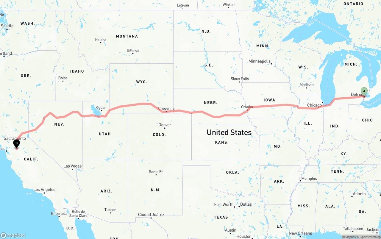 Shipping route from Detroit to Stockton