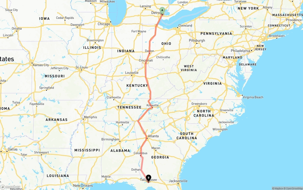 Shipping route from Detroit to Tallahassee