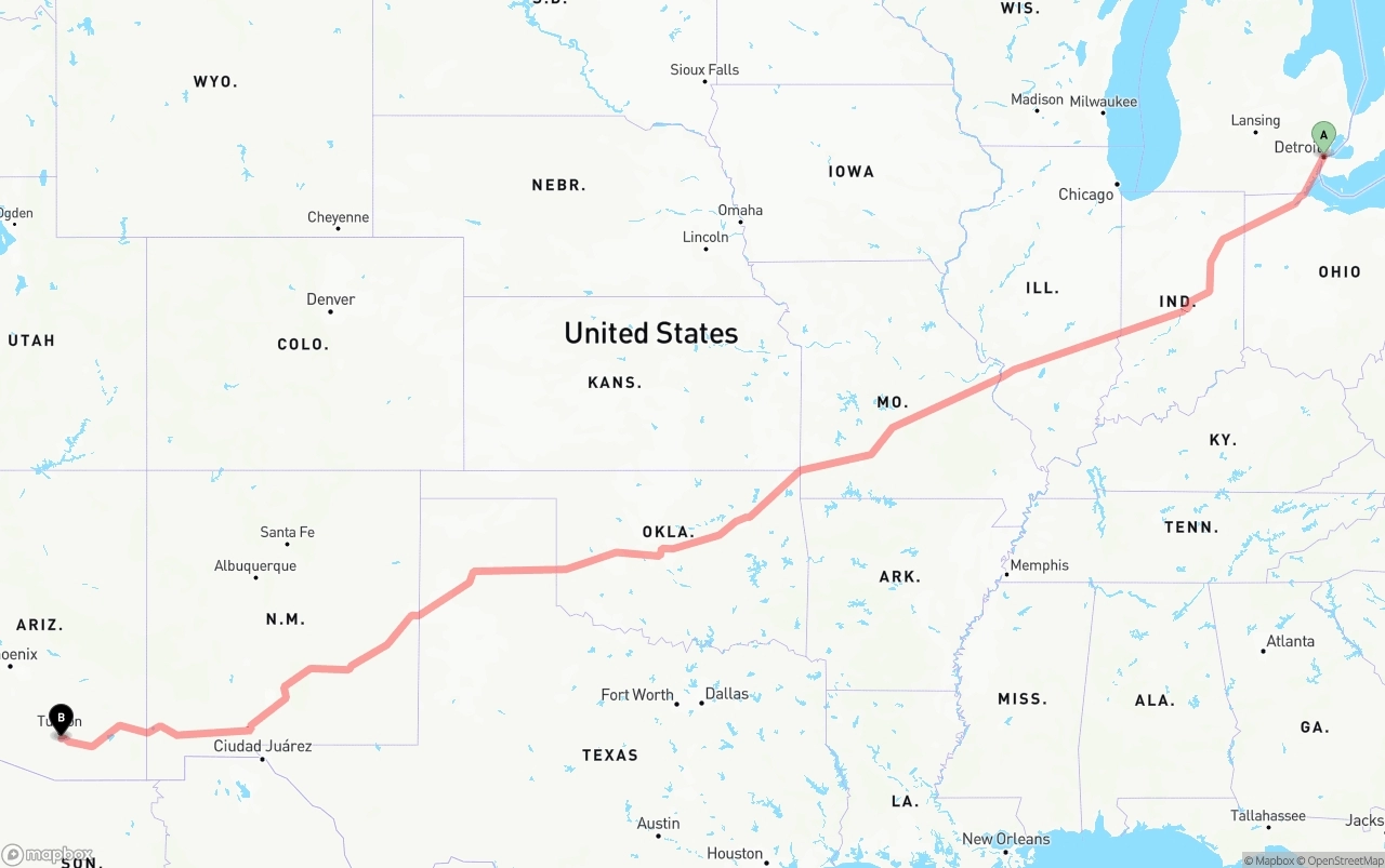 Shipping route from Detroit to Tucson International Airport