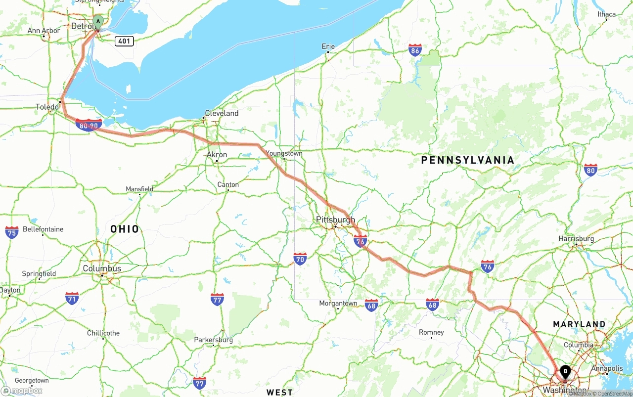 Shipping route from Detroit to Washington D.C.