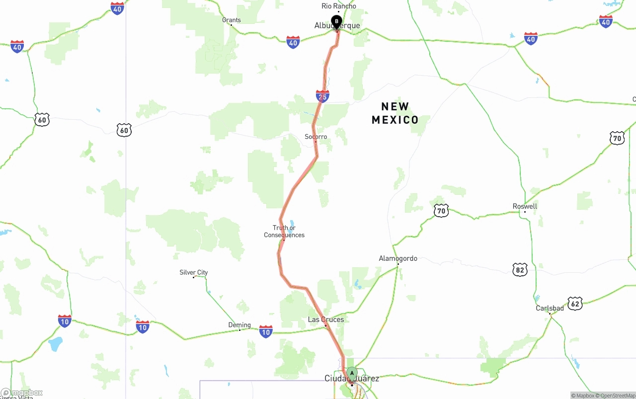 Shipping route from El Paso to Albuquerque