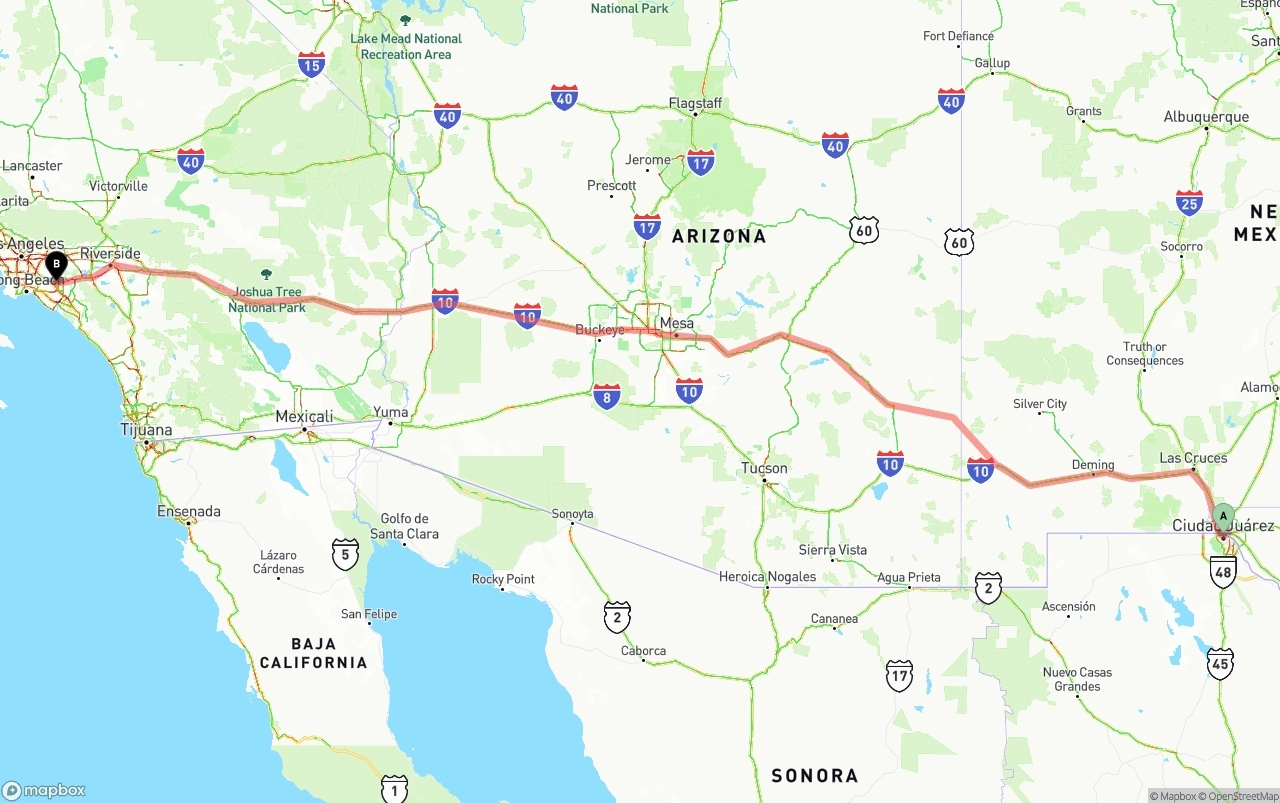 Shipping route from El Paso to Anaheim