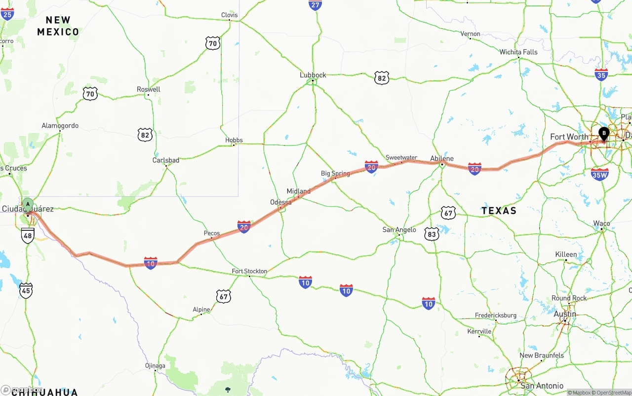 Shipping route from El Paso to Arlington