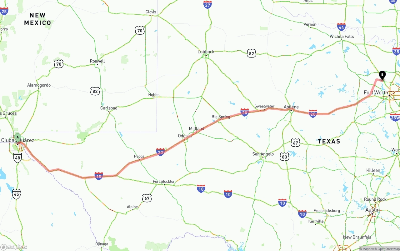Shipping route from El Paso to Aurora