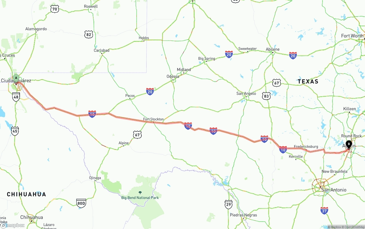 Shipping route from El Paso to Austin