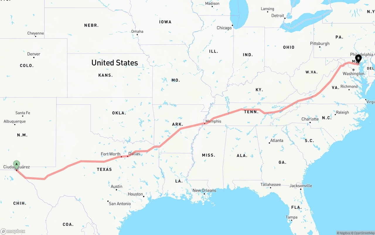 Shipping route from El Paso to Baltimore