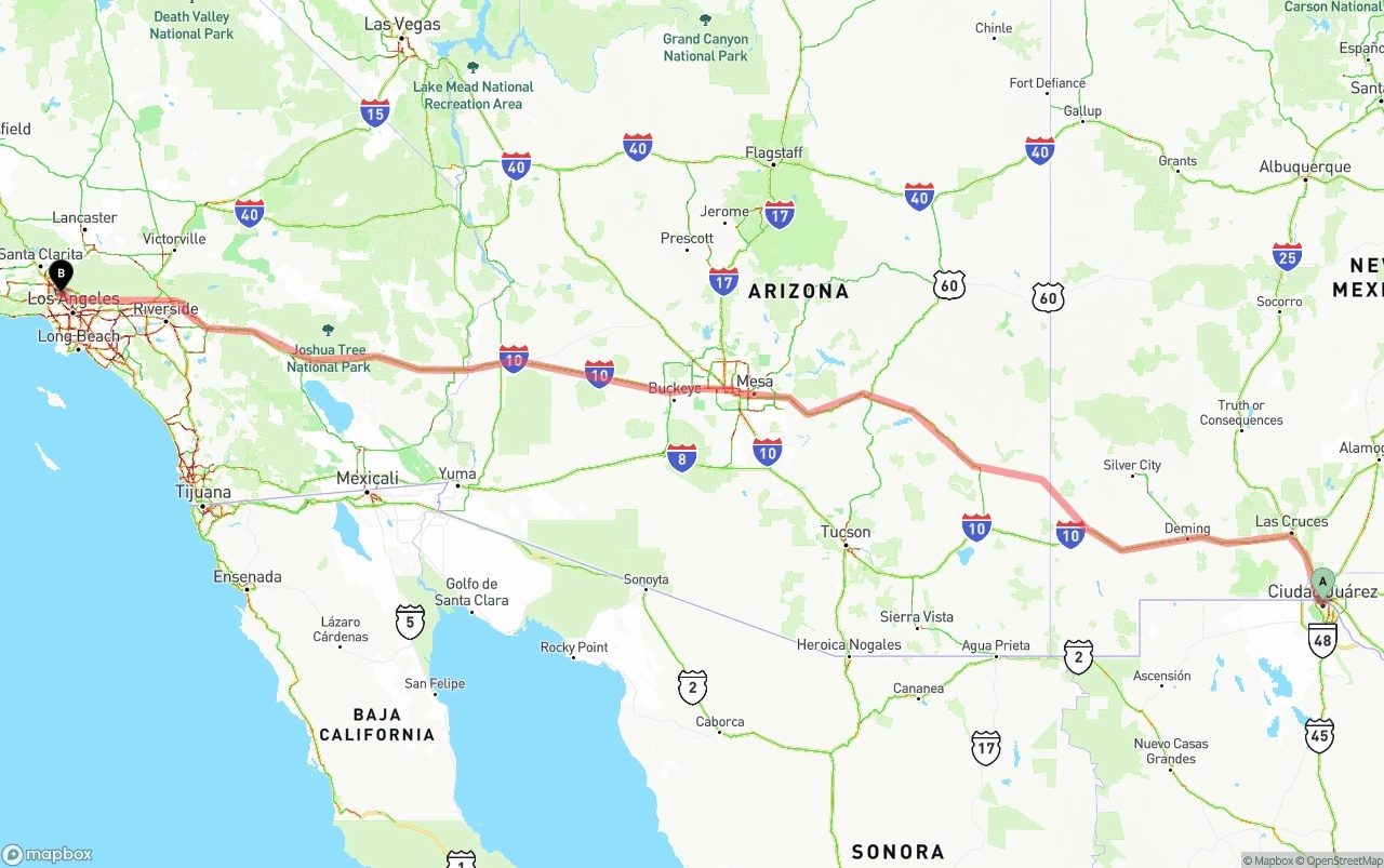 Shipping route from El Paso to Bob Hope Airport