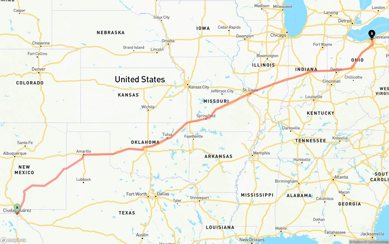 Shipping route from El Paso to Cleveland