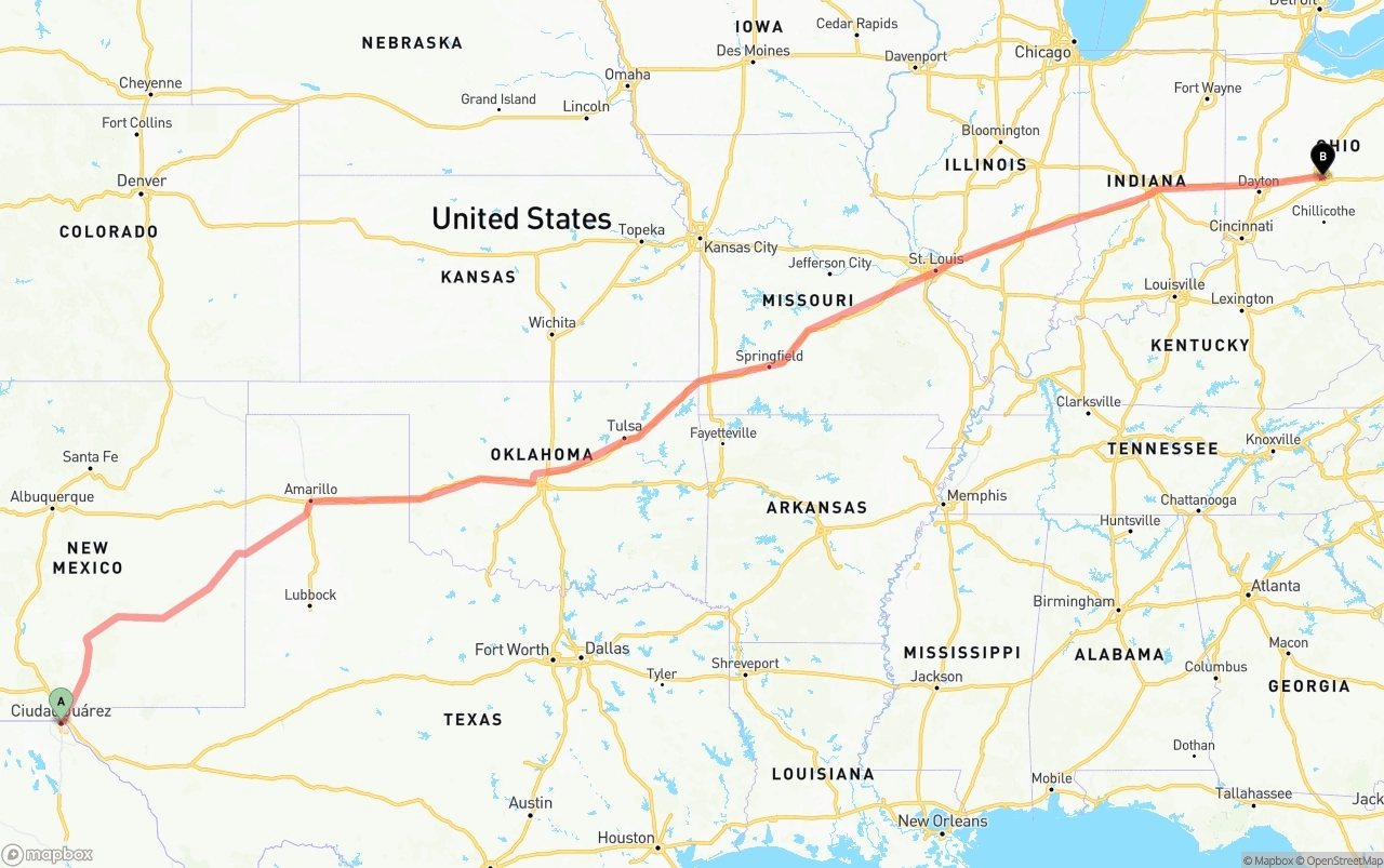Shipping route from El Paso to Columbus
