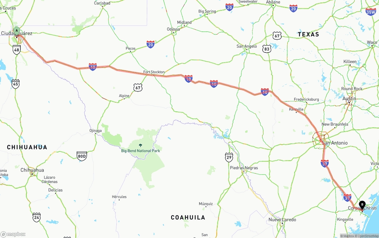 Shipping route from El Paso to Corpus Christi