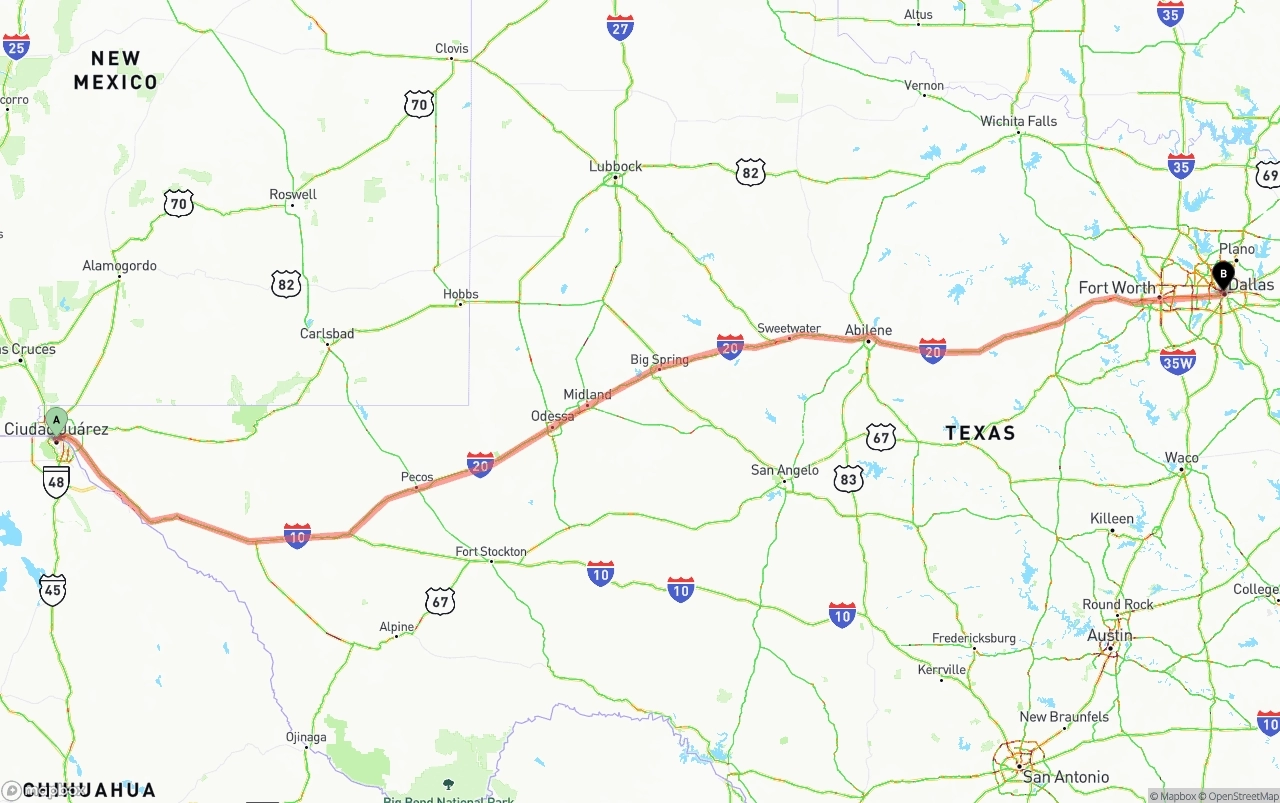 Shipping route from El Paso to Dallas