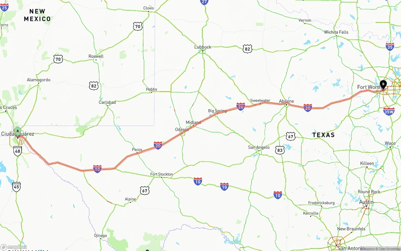 Shipping route from El Paso to Fort Worth