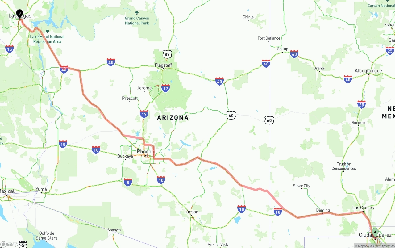 Shipping route from El Paso to Las Vegas